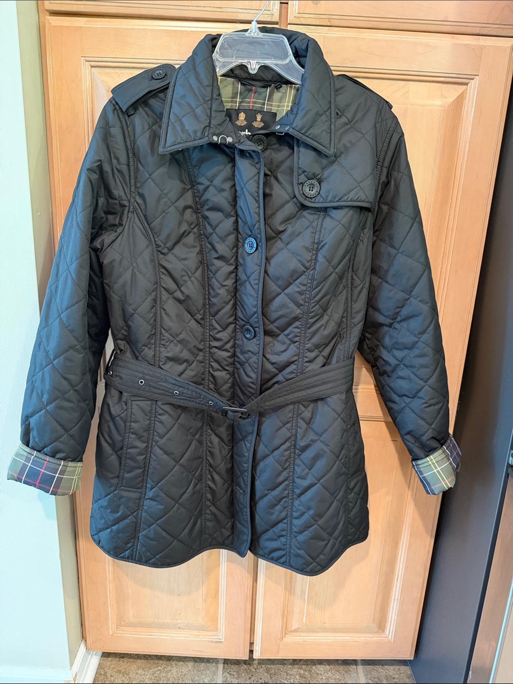 Barbour Black Quilted Trench with Plaid Cuffs